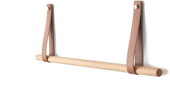 Stang per Abbigliamento in Legno con Cinturino in Pelle - Supporto Decorativo per Parete - 60cm