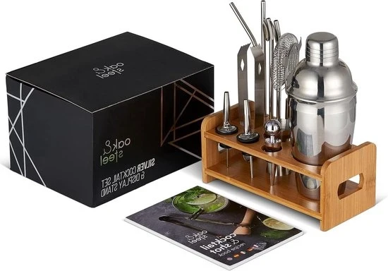 Set di Shaker per Cocktail - Set di Bar per Professionisti - 13 pezzi - Acciaio Inossidabile - Con Maniglia in Legno