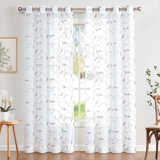 Set di tende con bordatura a foglia - 2 pezzi - materiale poliestere facile da pulire - colore chiaro