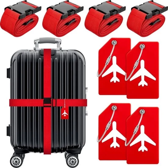 Set di cinture per valigie 8 pezzi - 4 cinture per valigie regolabili - 4 etichette per valigie in silicone con tessere di identificazione - cinture per valigie - cinture per valigie per la stesa - accessori da viaggio - colore rosso