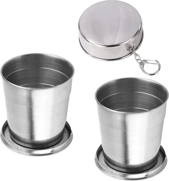Due bicchieri da viaggio pieghevoli con chiusura a chiave, bicchiere da campeggio pieghevole in acciaio inossidabile, 250 ml