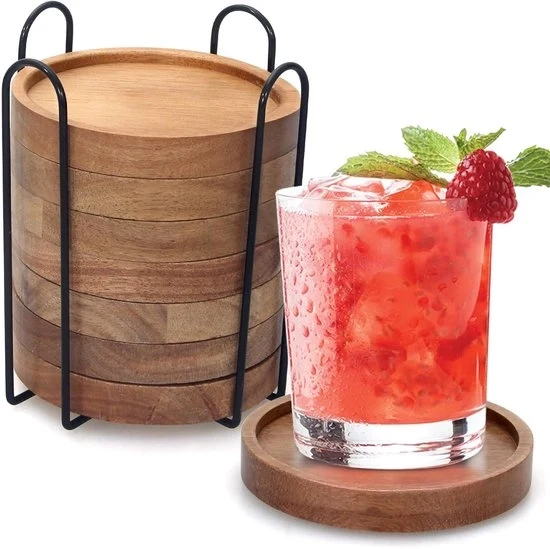 Set di Sostegni in Legno di Acacia Rustico da 8 Pezzi - Stile Rurale da Cucina - Con Ripiano per Bicchieri e Bevande