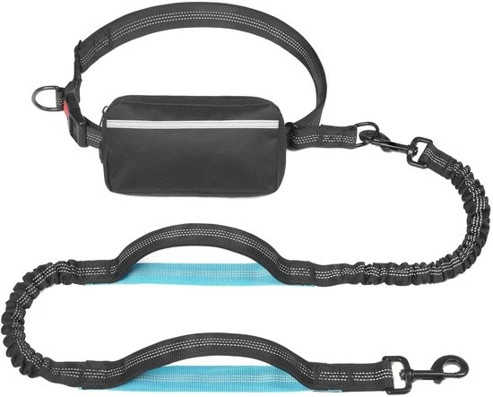 Cinturino per cani da portare con se, dotato di tasca con chiusura a rilascio rapido, maniglie rafforzate e cordoncino elastico resistente, adatto per passeggiate, jogging e corsa (grande, 11-54 kg, nero).