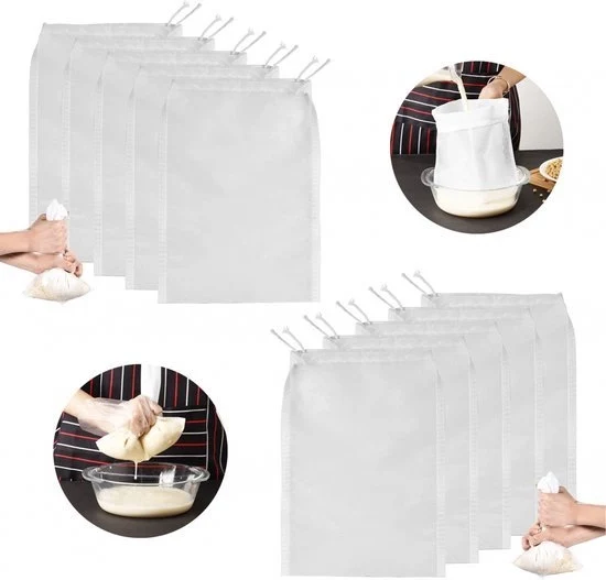 10 sacchi a filtro per latticini di alta qualità, 200 micron 24*36CM tessuto a maglia fine universale per la separazione dei cibi in nylon - Bianco