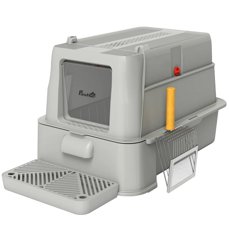 Lettiera per Gatti Chiusa 63x43x43 cm Capacità da 80L con Vassoio Estraibile in ABS e Acciaio Inox Grigio Chiaro
