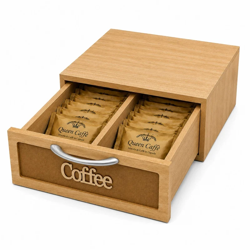 Cassetto Porta Cialde Caffè Legno Scuro 2 Scomparti 30x20x10cm Maniglia Coffee