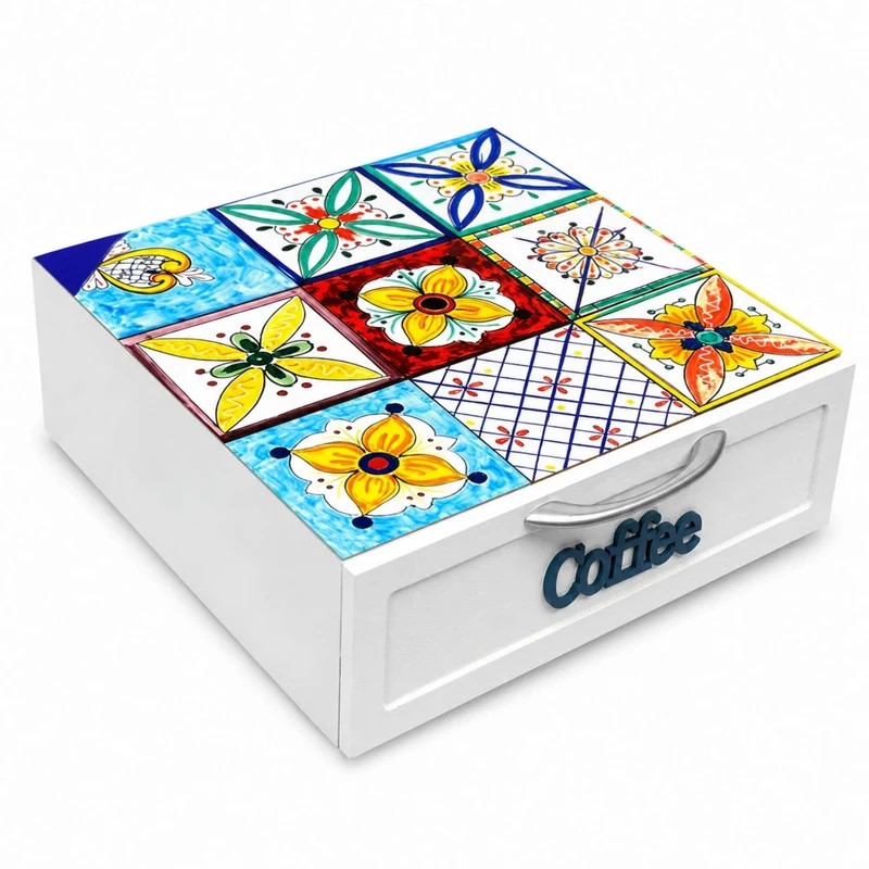 Cassetto Porta Cialde Caffè 3 Scomparti Legno Bianco Maioliche Fiori 30x30x10 cm