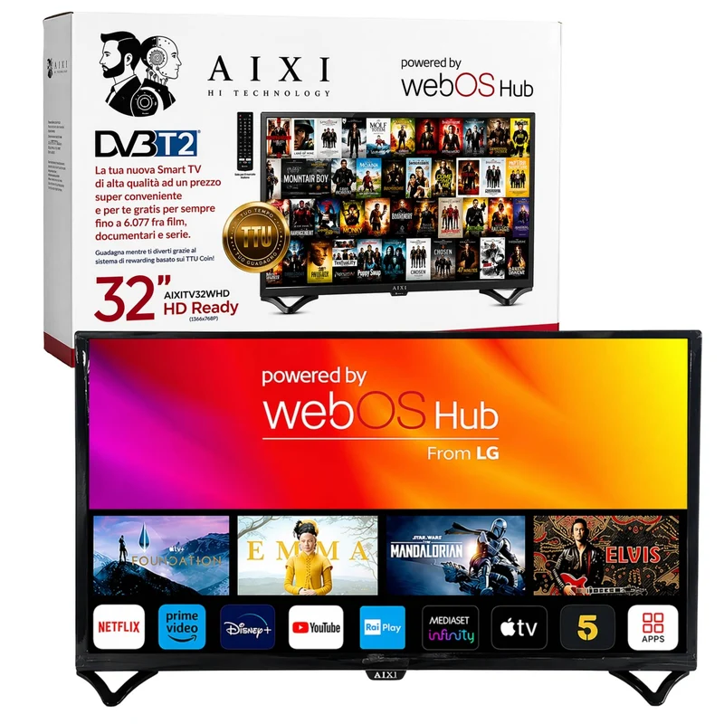 Tv Smart 32" AIXI Televisore LED HD Ready WiFi BT Dvbt-2 WebOS Hub HDMI USB