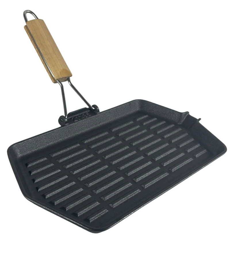 Bistecchiera in Ghisa Rettangolare 35 x 21 cm Antiaderente Manico in Legno