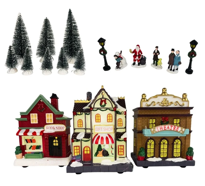 Villaggio Natalizio Casette Personaggi Alberi Natale Scenario 17pz Luci LED