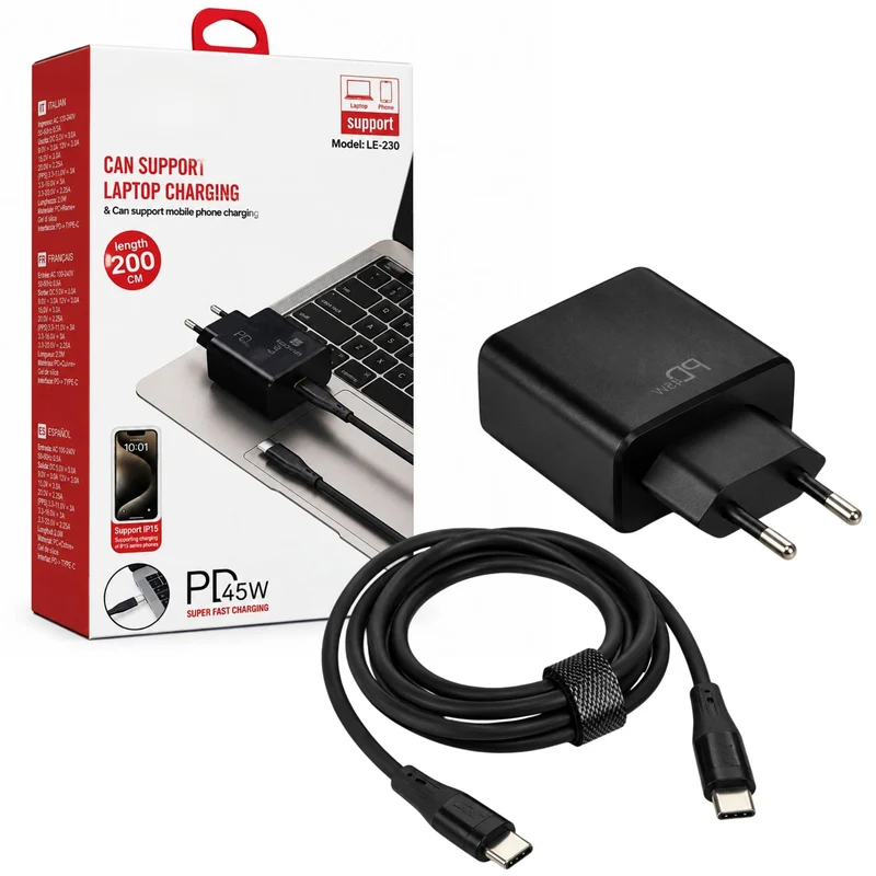 Caricatore USB-C PD 45W Ricarica Rapida con Cavo Type-C 2m per Laptop Smartphone