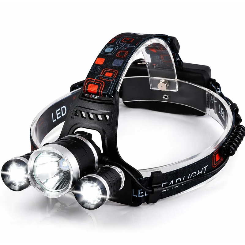 Torcia Frontale 3 LED 5000 Lumen USB Ricaricabile Impermeabile 2 Batterie 18650