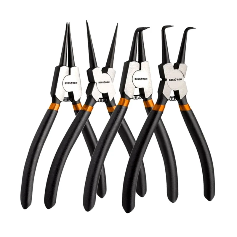 SET 4 Pinze Seeger Anelli Elastici Fermi Interne Esterne Dritte Curve Acciaio