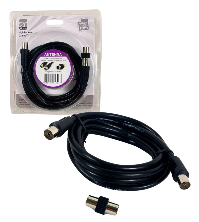 Cavo Antenna TV da 2 metri M/F Schermato Coassiale con Adattatore M/M Nero