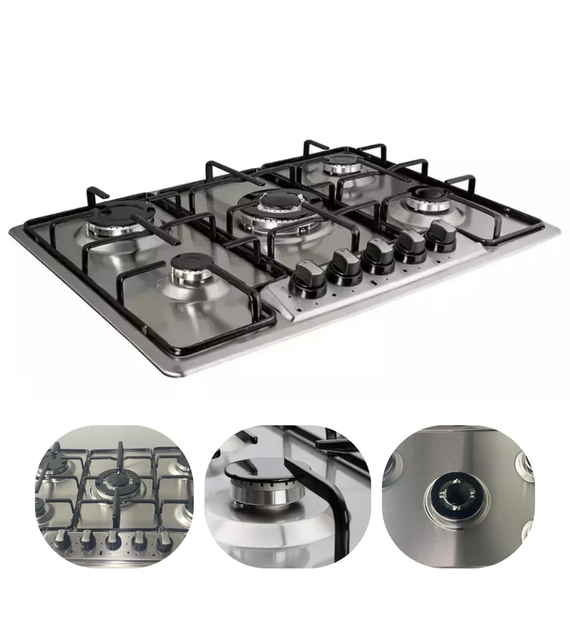 Piano Cottura 5 Fuochi Slim 70 cm Acciaio Inox a Gas o GPL da Incasso Valvolato