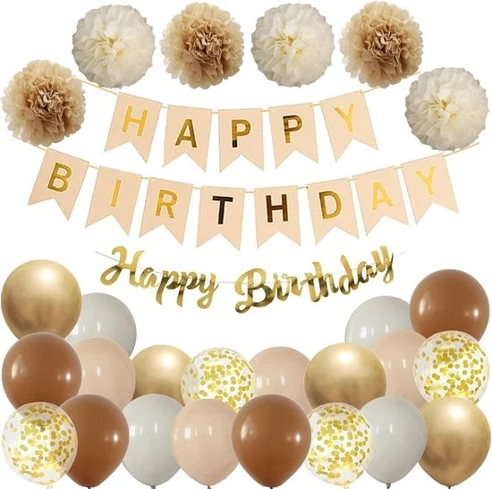 Decorazione di Festa Boho - Slinga in Legno, Balloni Khaki/Beige e 6 Pomponi - Decorazione Naturale per Feste per Ragazzi e Ragazze