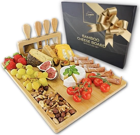 Tavolo per Aperitivo in Bambù con 4 Set di Fette di Formaggio e Supporto Rimovibile – Tavolo di Carne con Scatole per Snack – Tavolo di Carne per Aperitivo, Degustazione di Vino e Regalo