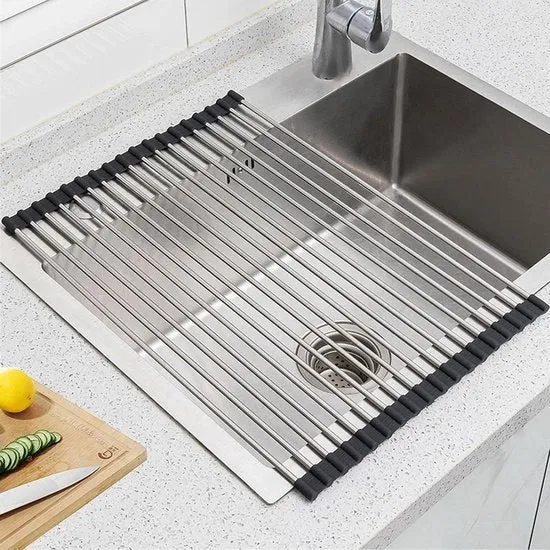 Afdruiprek incluso siliconico pieghevole in acciaio inox nero - organizzatore per servizio goletta per frutta verdura bicchieri - 45 x 33 afdruiprek con bacino di raccolta inclusa pieghevole