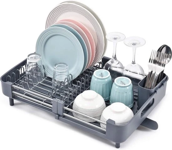 Afdruiprek uitbreidbaar e opvougabile con supporto per piatti rimovibile - con tubo di drenaggio regolabile e grigio - per uso in cucina