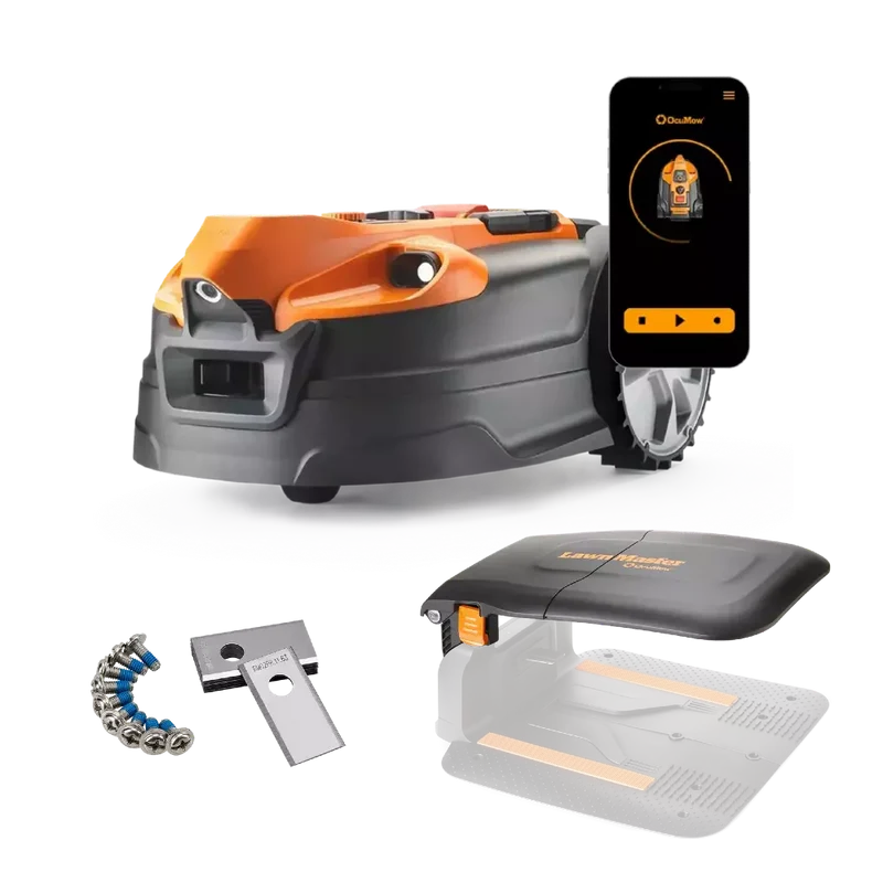 LawnMaster OcuMow® AMD18i-800 Plus Value Kit | MX 24V Auto Charging Vision Robotic Lawnmower with App-with Charging Station Shelter & Spare Blades