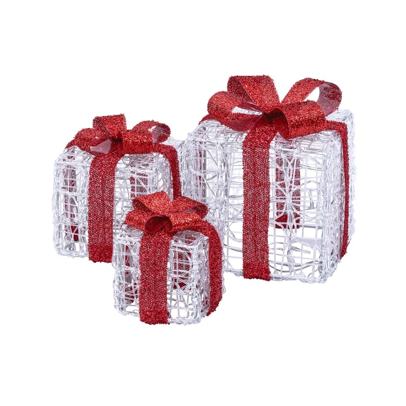 Set 3 Pacchi Regalo Luminosi LED – Fiocco Rosso, 120 LED, Interno ed Esterno