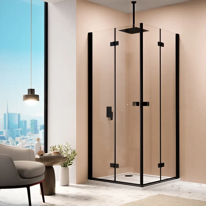 Box doccia angolare 70x100cm doppia anta a libro profili nero opaco e vetro da 8mm trasparente h195 | Fiji
