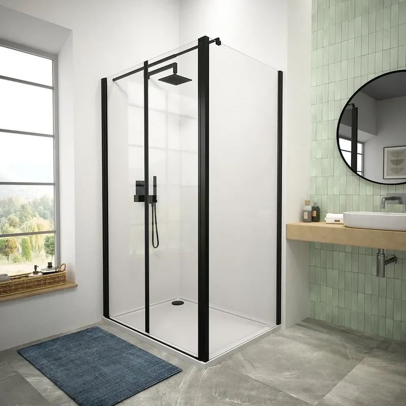 Box doccia 110x80 cm porta saloon e parete fissa profili nero opaco e vetro da 8mm trasparente h195 | Fiji