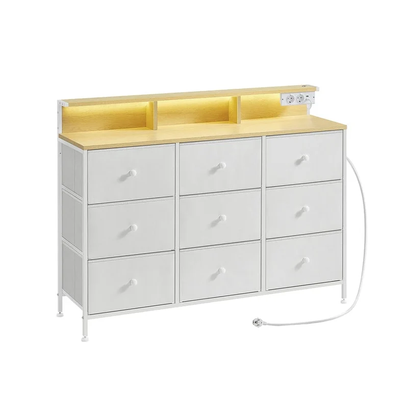 Cassettiera con 9 cassetti e illuminazione a LED multipresa struttura in acciaio 335 x 114 x 84 cm per camera da letto o soggiorno bianco nuvola 12_0005214