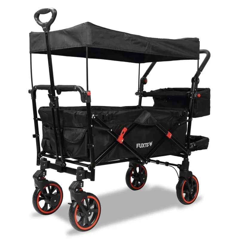 B-WARE Fuxtec carrello pieghevole premium per il trasporto dei bambini con tettuccio Bollerwagen CT850 Nero