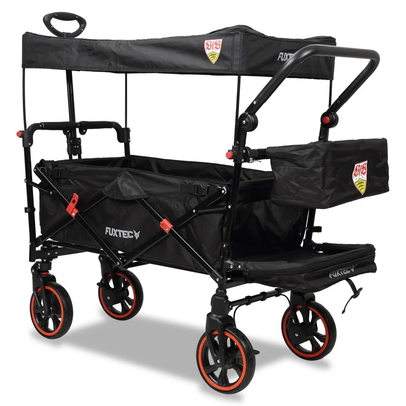 B-WARE Fuxtec carrello pieghevole premium per trasporto dei bambini con tettuccio CT850 Nero Edizione "VFB Stoccarda"