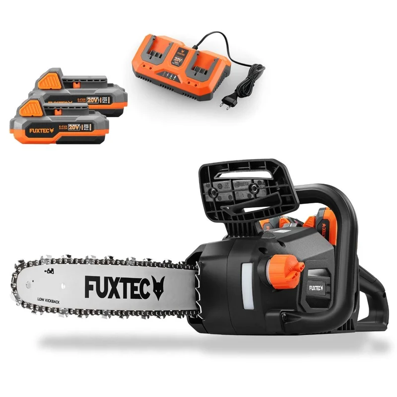 Motosega a batteria 2x20V FX-E2KS SET – Lunghezza di Taglio 35 cm, 4,2 kg, Velocità Catena 15 m/s, con 2 Batterie da 2Ah e Caricatore Doppio Incluso