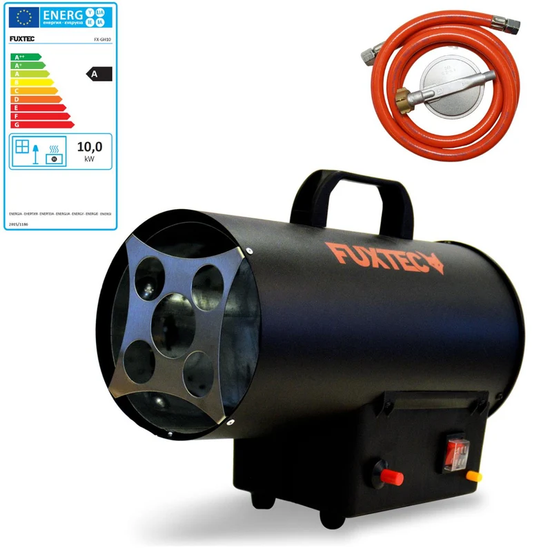 Generatore di calore a gas FUXTEC GH10 - 10 kW di potenza termica, 300 m³/h di portata d'aria calda - adattatore italiano incluso
