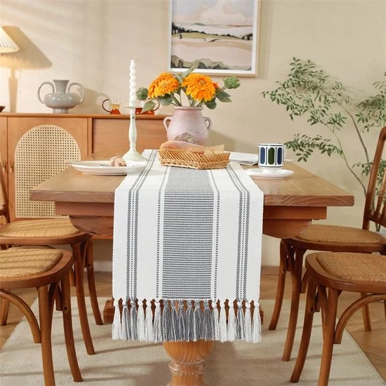Tavolo di stoffa in cotone e lino con piumini - 35x228cm Tavolo coperto facile da pulire - Copertura per tavolo quotidiana - Leggera e duratura - Lavabile - Ideale per feste in campagna, esterno, matrimoni, festività