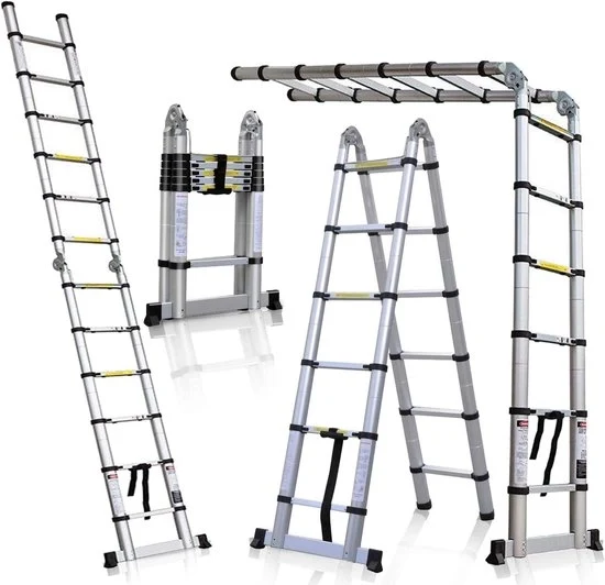 Scala a piattaforme telescopica 2 in 1 pieghevole, capacità di carico 150 kg, lunghezza 5 m
