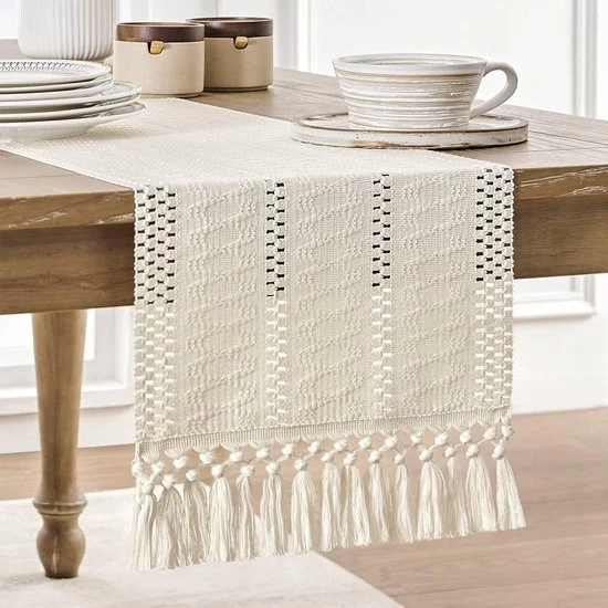 Tavolino in stile boemo con tessuto mix cotone-lino-polyester e lino - 30 x 160 cm Tavolino rustico in stile contadino - Decorazione per tavolo tessuta - Tavolino con spilloni annodati - Ideale per un tavolo da giardino o un centro tavola da tè