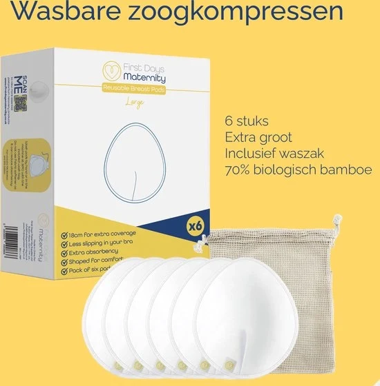 Wasbare zoogkompressen - herbruikbare zoogcompressen - 70% biologisch bamboe 30% katoen - 6 stuks - First Days Maternity