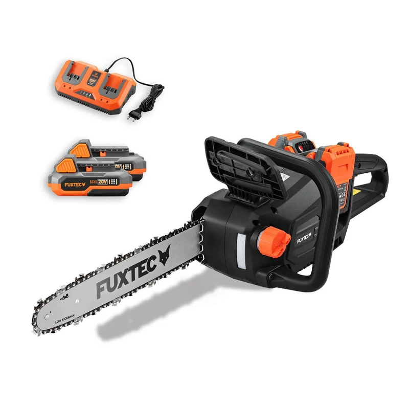 B-WARE Motosega a batteria 2x20V FX-E2KS SET – Lunghezza di Taglio 35 cm, 4,2 kg, Velocità Catena 15 m/s, con 2 Batterie da 2Ah e Caricatore Doppio Incluso