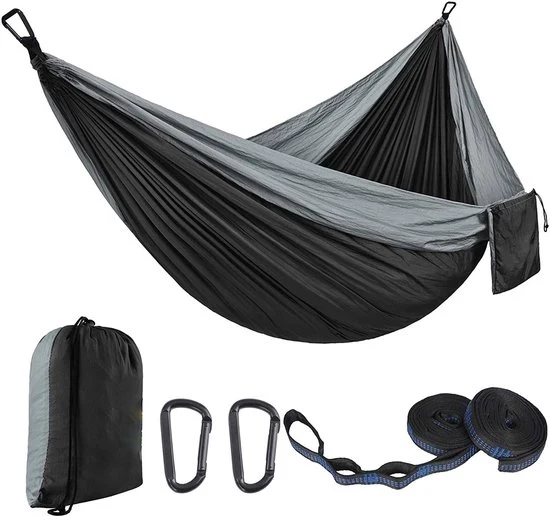 Hangmat per camping - 270x140cm - Materassino per esterno ultraleggero - Foderato con nylon resistente - Con due cavi da tenda da 10ft - Sedile da giardino per interni - Accessori per camping da esterno (capacità 330lbs) - Grigio e nero