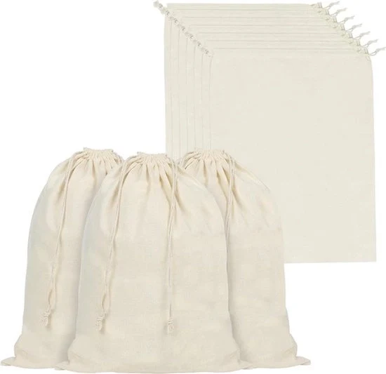 Set di Tasche di Cotone Riconfezionabili - Milieuvriendelijk - Per la Conservazione delle Verdure - Biologico - Adatto per Spesa - Verde - Set di 3 Tasche di Cotone Sostenibili con Maniglie Lunghe