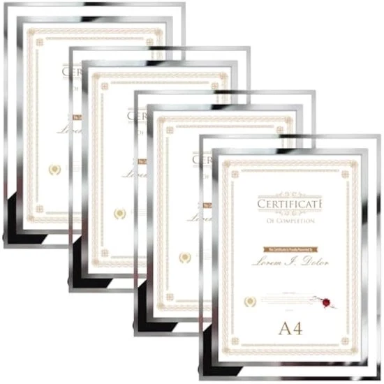 Set di Cornici Fotografiche in Vetro A4 – 4× Cornice con Bordo Argentato – Decorazione per la Casa & Certificati