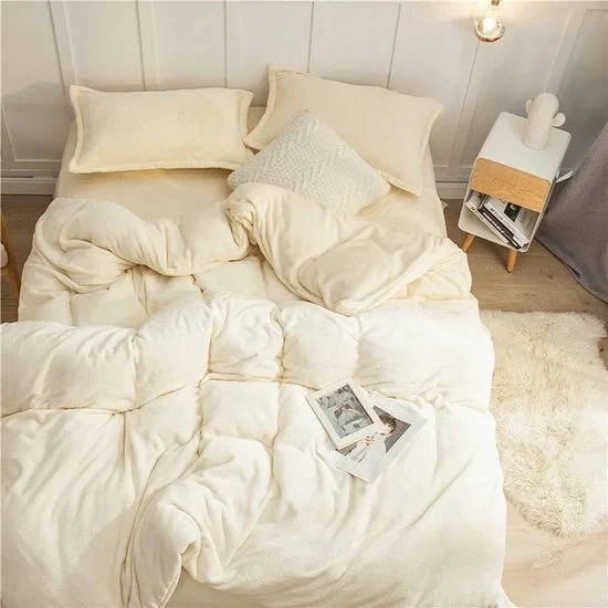 Piumino caldo invernale, 135 x 200 cm, bianco crema, tocco cashmere, coprifuoco morbido con cuscino 80 x 80 cm, 2 pezzi, piuma coral fleece, microfibra, set di coprifuoco invernale con chiusura a cerniera