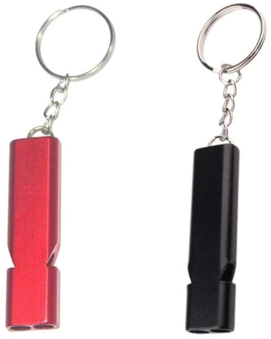 Due flauti di sopravvivenza, flauto metallico a doppia canna con catena, flauto di arbitro, flauto di emergenza per soccorso, viaggi, sport, addestramento cani (nero+rosso)