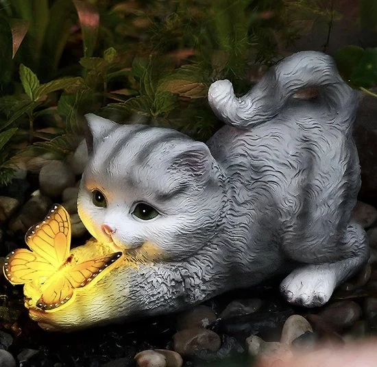 Statua di Gatto con Lampada Solare – Statue Decorative per Esterno – Ideale per Patio, Giardino, Terrazza o Prato – Regalo per gli Amanti dei Gatti
