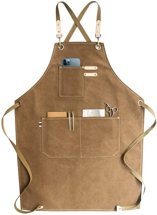 Grembiule da cucina in denim con inserto di canapa, colore marrone