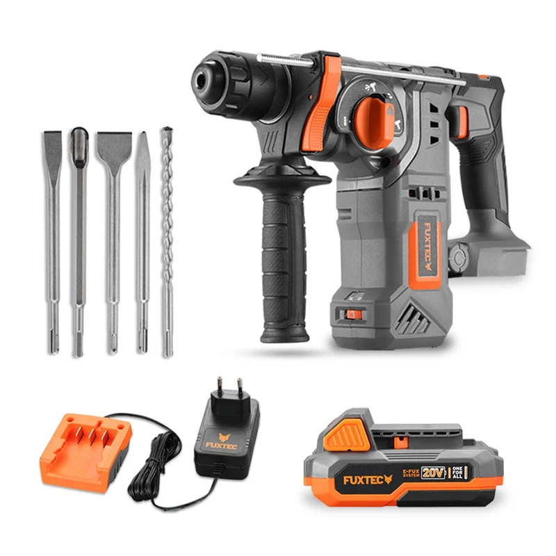 FUXTEC 20V trapano tassellatore perforatore a batteria FX-E1RH20 SET con 1 x batteria 4Ah, 1 x caricatore 1A, 1 Set di punte e scalpelli