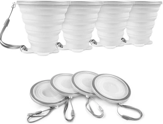 Set di bicchieri siliconici pieghevoli 4 in 1, bicchieri siliconici pieghevoli con coperchio in plastica, set di bicchieri riutilizzabili e trasportabili per pic nic, campeggio, escursioni e viaggi - Translucido Bianco