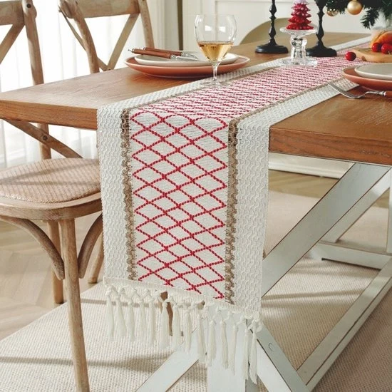 Tavolo di lino di cotone con tessuto a griglia - 30x183cm - tovaglia da tavolo neutrale bohemien - decorazione di campagna intessuta - ideale per la decorazione di tavola, matrimoni, feste e decorazione di capotavola