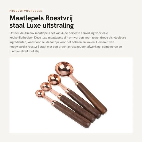 Set di Lepeli per Cucina in Acciaio Inossidabile/Roségoud - Lepeli per Cucina con Maniglia in Legno - Per Cucina e Frittura - Sicuri per il Lavastoviglie - Qualità Elevata - Set di Lepeli per Cucina