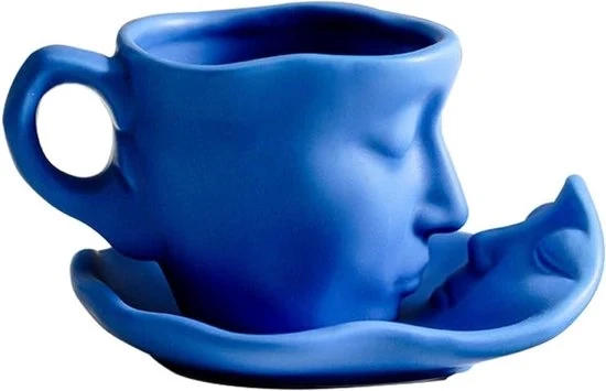 Set di tazza e piatto ceramico - Coppia di tazza - Blu - Regalo creativo - Amici - Volto umano - Adatto per tazza da caffè - 260ml