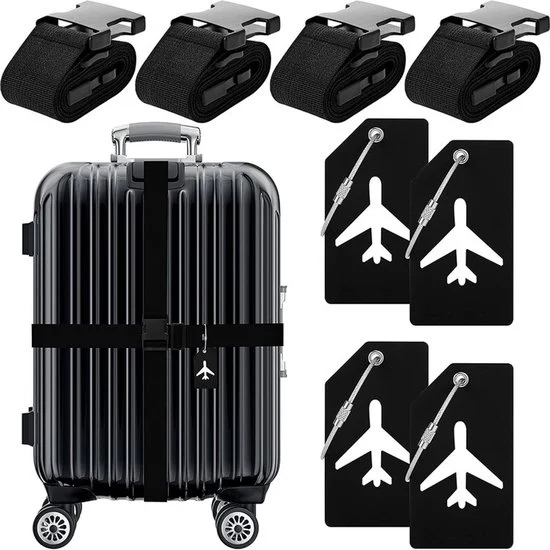 Set di cinture per bagaglio da 8 pezzi - 4 cinture per valigia regolabili - 4 etichette per bagaglio in silicone con carte d'identità - cinture per bagaglio - cinture per valigia - cinture per bagaglio - accessori per viaggi - Nero